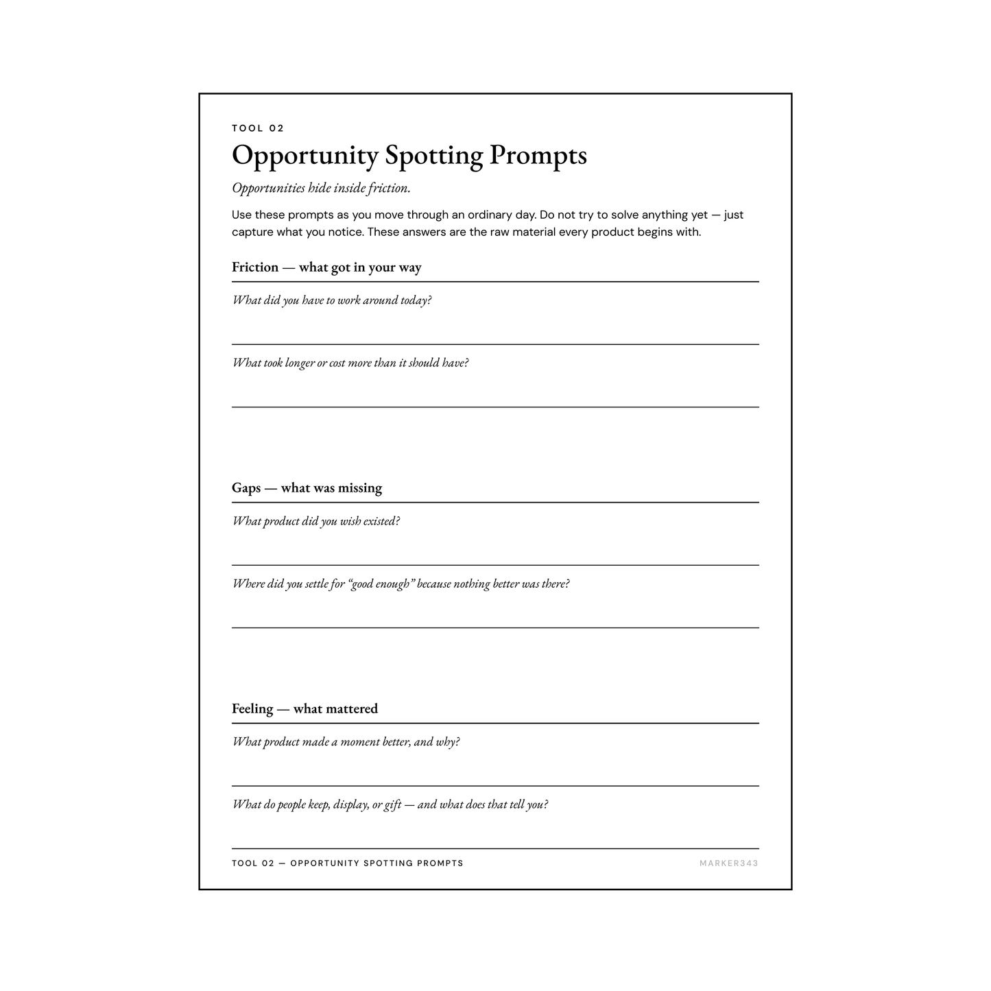 Builder's Notebook Template page with six numbered stages: Observe, Understand, Imagine, Build, Learn, Improve.