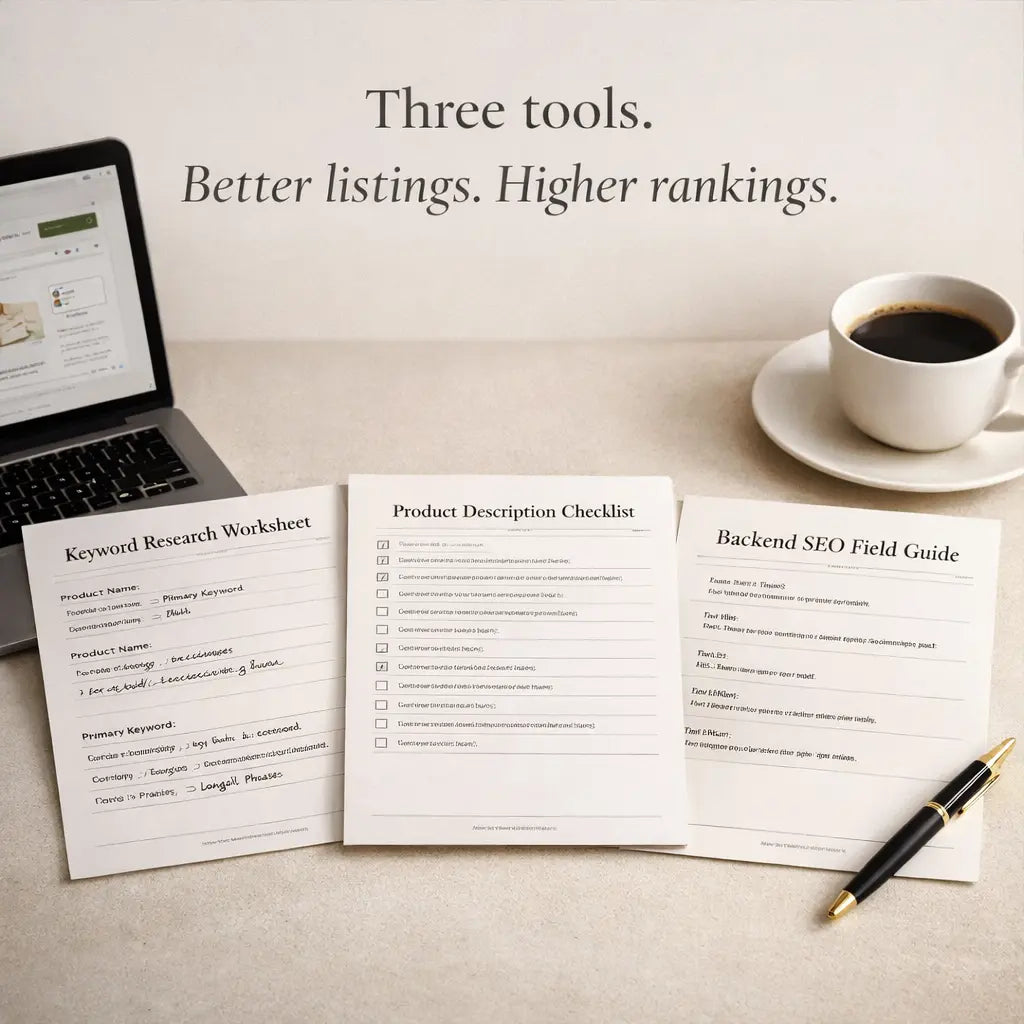 Shopify SEO Quick-Start Kit by Jerie Meakins — keyword worksheet, product description checklist, and backend SEO field guide
