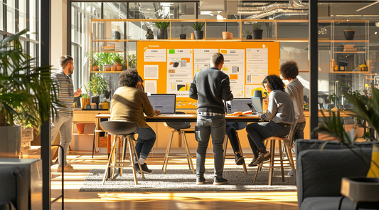 A diverse group of professionals collaboratively managing projects using Trello on their devices in a sunlit, plant-filled modern office, reflecting an efficient and agile workflow environment.