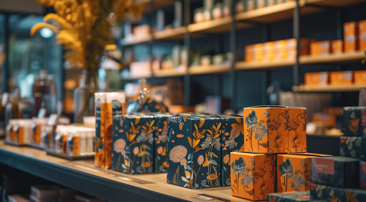Artistically designed private label product packaging with vibrant botanical illustrations on display, showcasing unique artist collaborations.