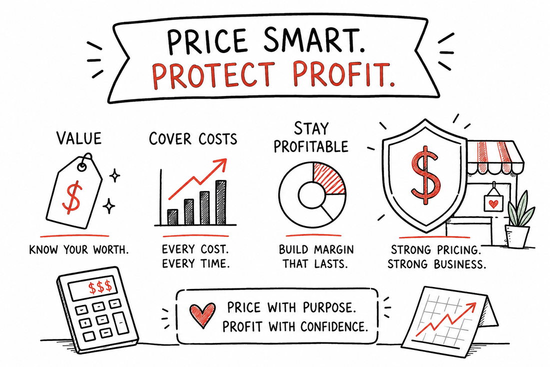 Hand-drawn infographic illustrating a craft pricing strategy using cost-plus, competitive, and value-based pricing to build profitable handmade products.