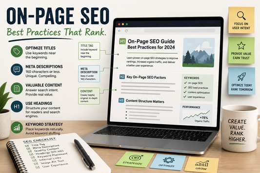 Illustration of on-page SEO best practices featuring website optimization, title tags, meta descriptions, keyword strategy, content structure, and search rankings.