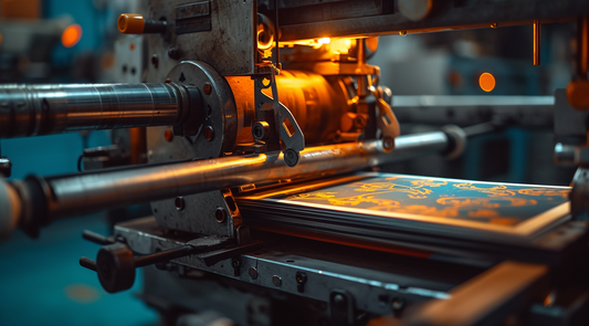 Close-up of a print-on-demand press machine in action, producing vibrant custom prints for solopreneur ventures.