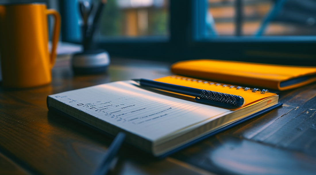 A notepad with SEO strategies outlined on a wooden desk next to a coffee mug, symbolizing the planning phase of on-page SEO for 2024.