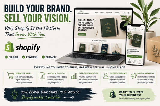 Illustration of a Shopify ecommerce website showcasing digital and physical products, brand building, customer experience, analytics, and online selling tools.