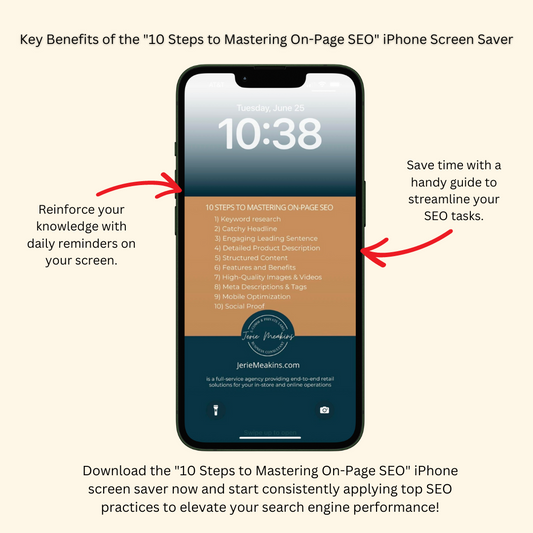 iPhone displaying the "10 Steps to Mastering On-Page SEO" screen saver, highlighting key benefits such as reinforcing knowledge with daily reminders and saving time with a handy SEO guide. The call to action encourages downloading the screen saver to consistently apply top SEO practices and elevate search engine performance.