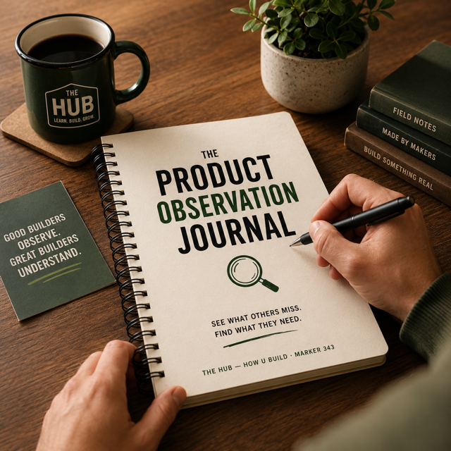 Person writing in a notebook titled 'The Product Observation Journal' on a wooden desk with a mug and plant.