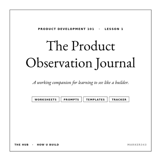 Product Observation Journal cover with title in serif type and four tags: Worksheets, Prompts, Templates, Tracker.