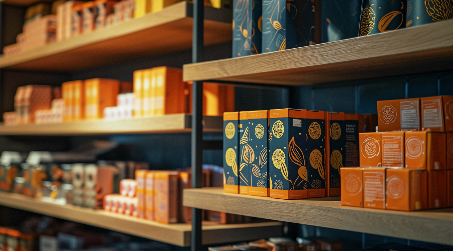 Artistically designed product packaging for artisanal goods displayed on wooden shelves in a boutique store.
