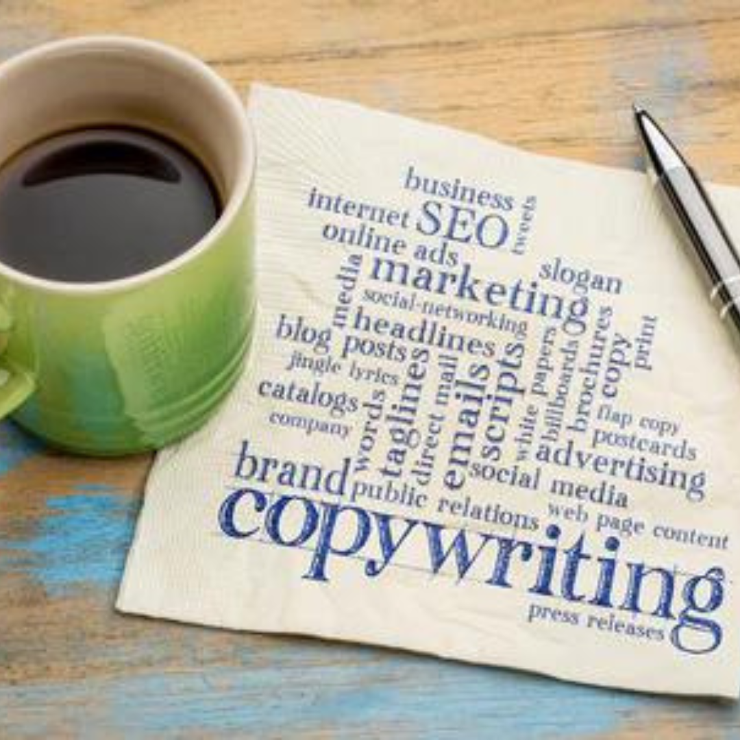 Coffee cup next to a napkin with copywriting concepts, including words like SEO, marketing, business, and advertising, highlighting the essentials of effective copywriting.