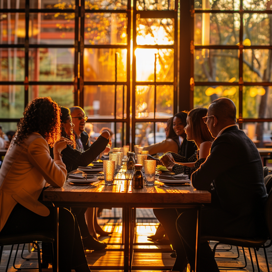 A diverse group enjoying dinner at sunset in modern restaurant