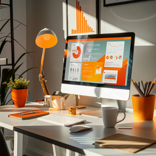 Sunlit workspace with a monitor displaying a vibrant product page, highlighting the features of existing page optimization services, surrounded by an orange-themed decor.