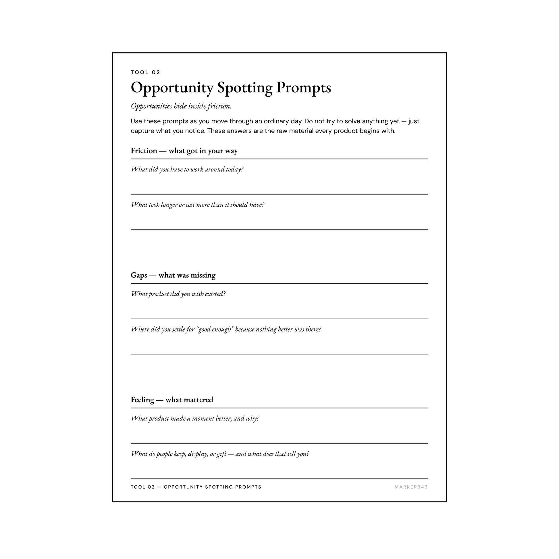 Builder's Notebook Template page with six numbered stages: Observe, Understand, Imagine, Build, Learn, Improve.