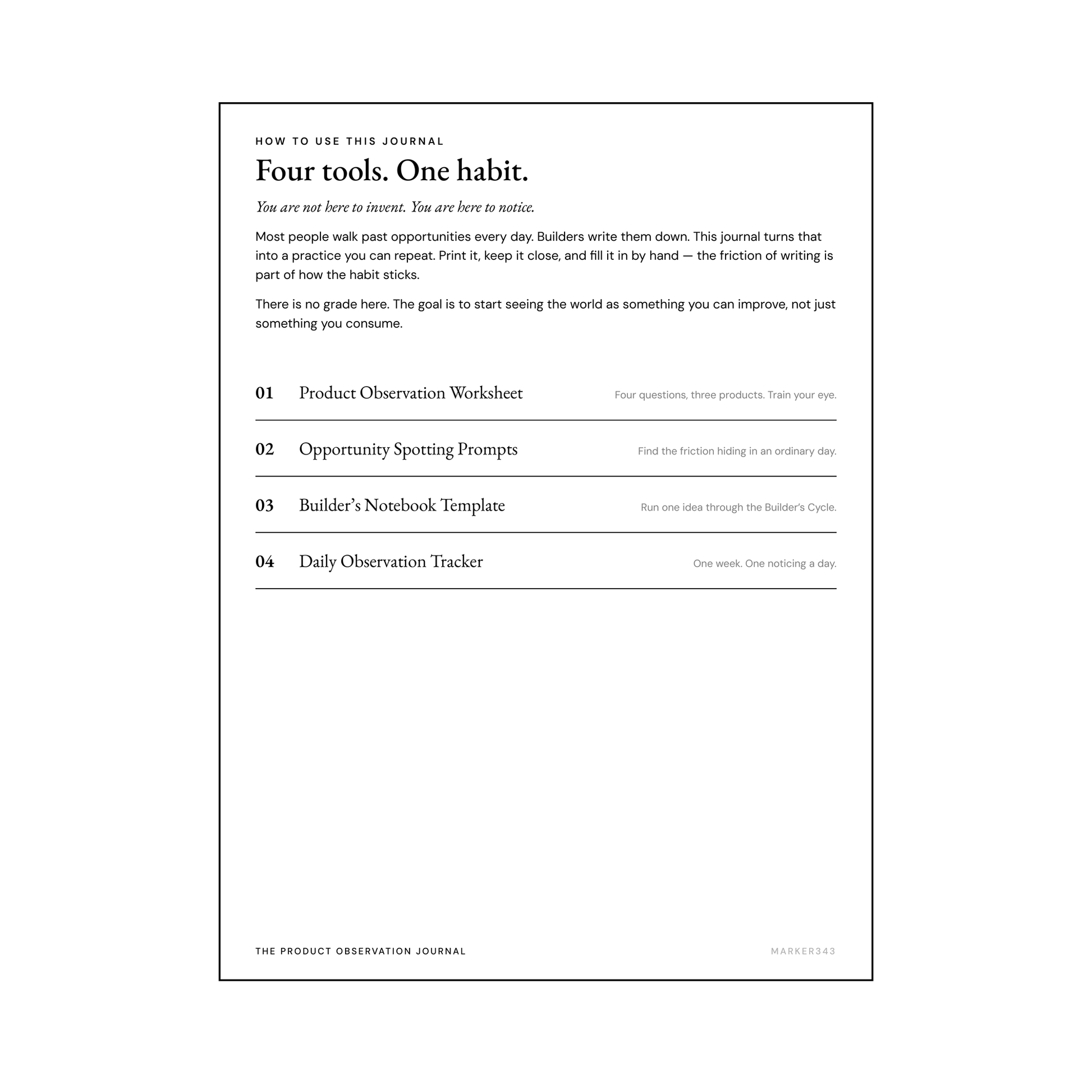 Table of contents page listing four tools: Product Observation Worksheet, Opportunity Spotting Prompts, Builder's Notebook Template, Daily Observation Tracker.