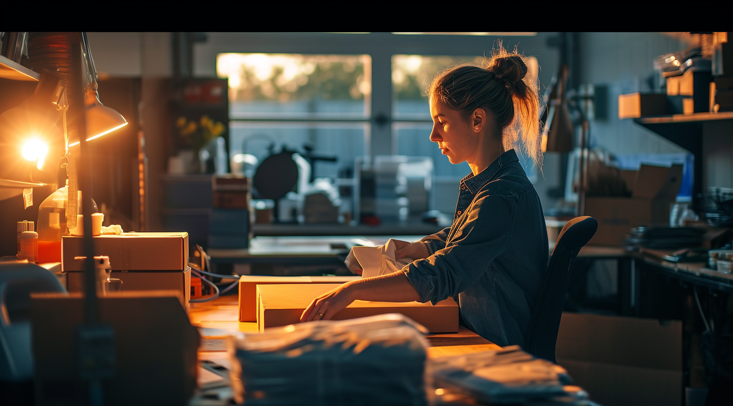 A diligent female employee focuses on packaging products in a small business shipping area as the sunset casts a warm glow.