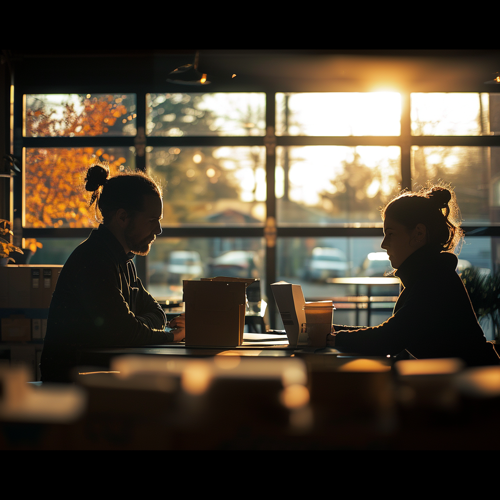 two-people-working-on-laptops-in-cafe-at-sunset