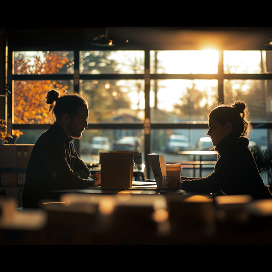 two-people-working-on-laptops-in-cafe-at-sunset
